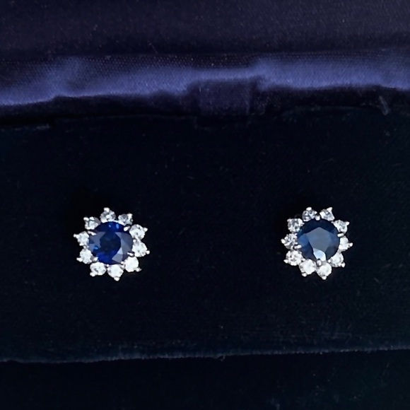 Blue Sapphire & Diamond Earrings | Platinum Set | Appraisal Included | $6,500 - Picture 4 of 7